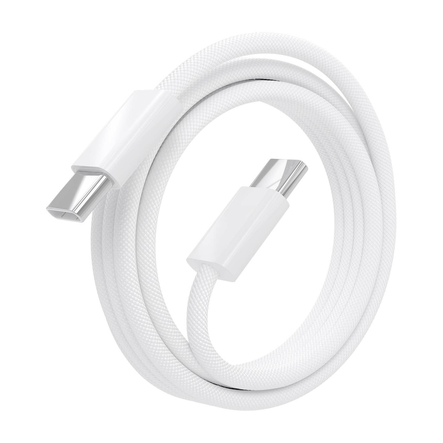 Un cavo USB-C bianco, arrotolato su sfondo bianco. I connettori sono bianchi ed eleganti.