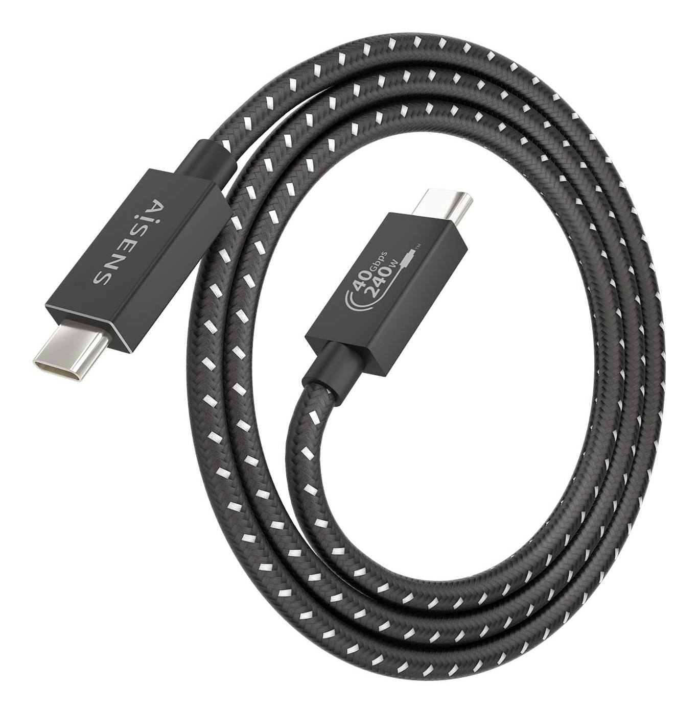 Zwarte USB-C-kabel. Merk: Aisens. Witte achtergrond.