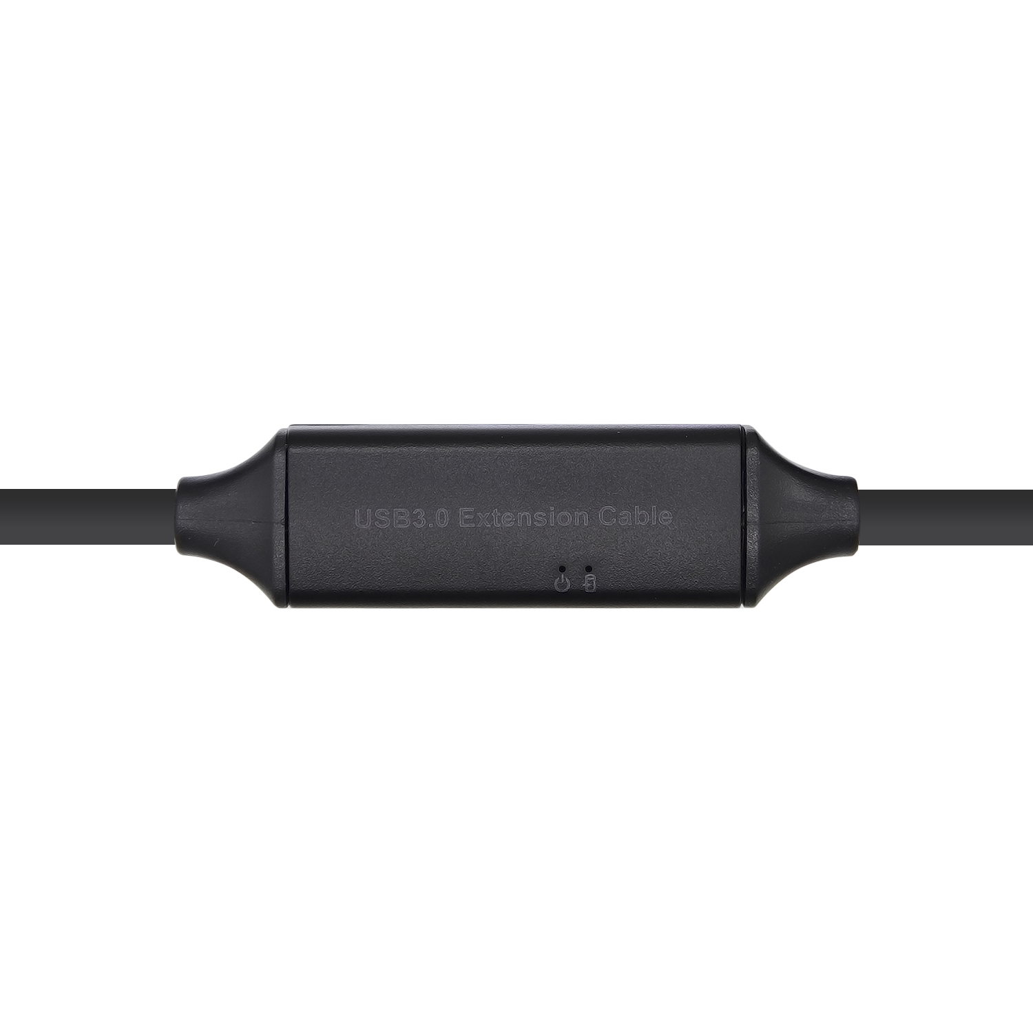 Zwarte USB3.0 verlengkabel met rechthoekige connector in het midden, witte achtergrond.