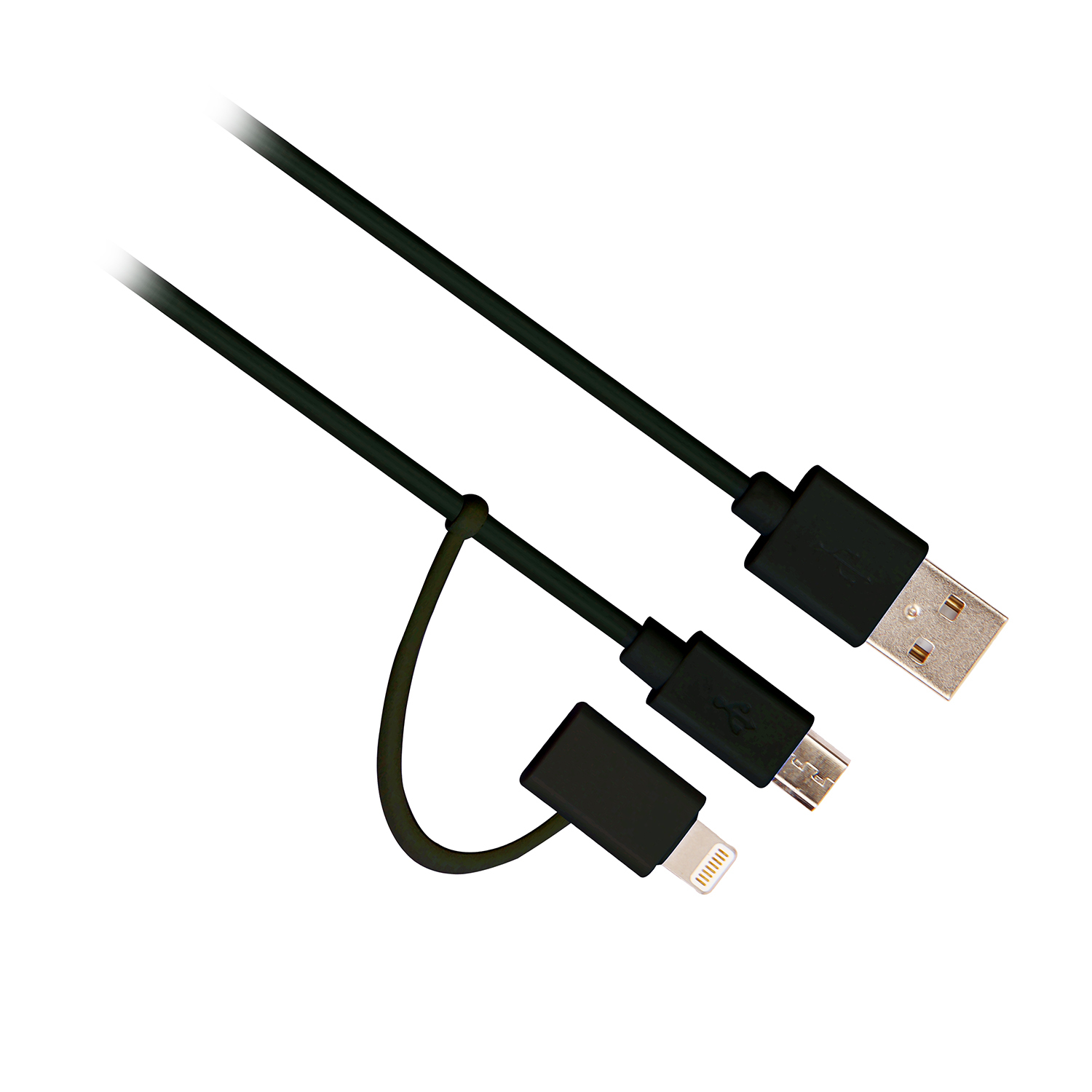 Cavo USB nero con connettori USB-A, micro USB e Lightning.