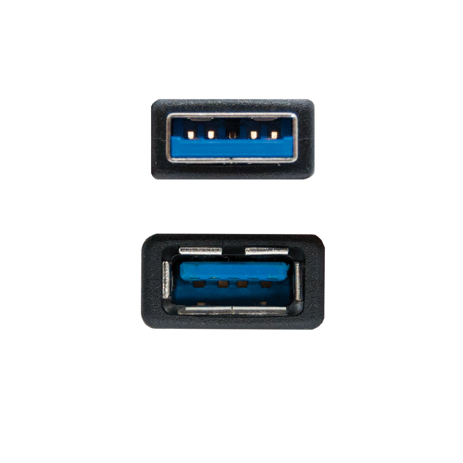 Twee zwarte USB 3.0-connectoren, bovenaanzicht en zijaanzicht, witte achtergrond.