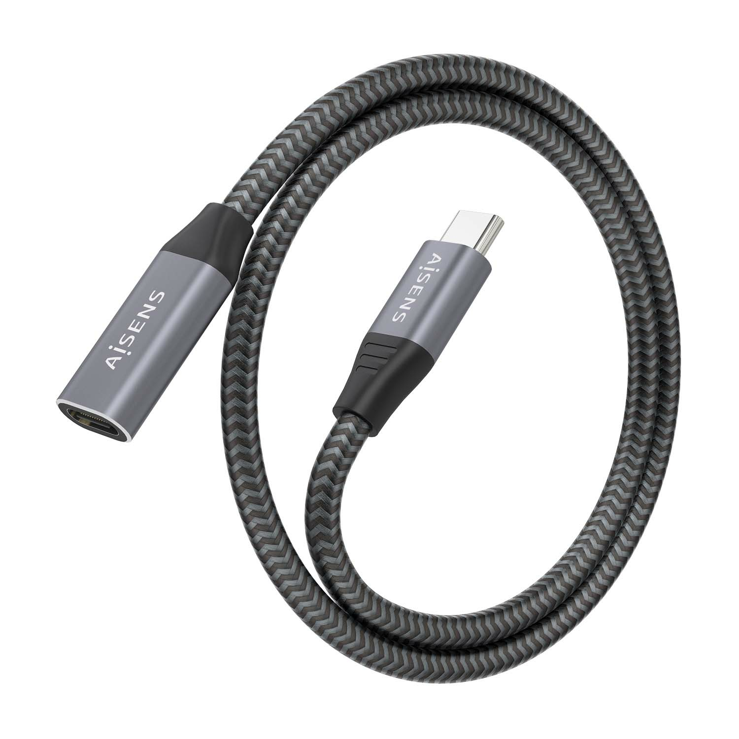 Grijze USB-C kabel met zwarte accenten. Witte achtergrond. Tekst: Aisens.