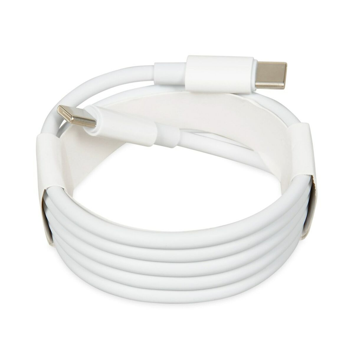 Biały kabel USB-C. Dwa końce, owinięte na biało. Białe tło.