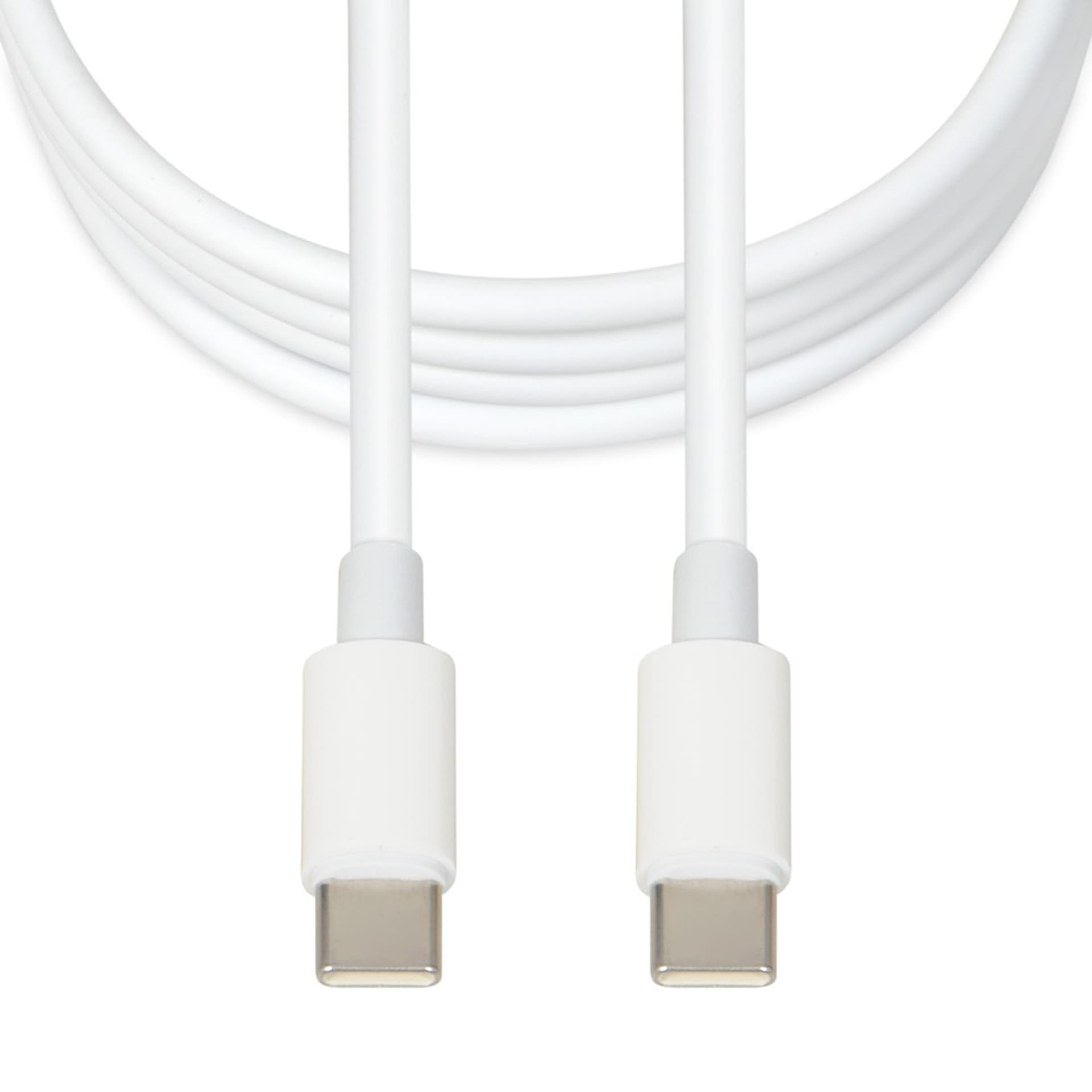 Dwa białe kable USB-C, białe tło.