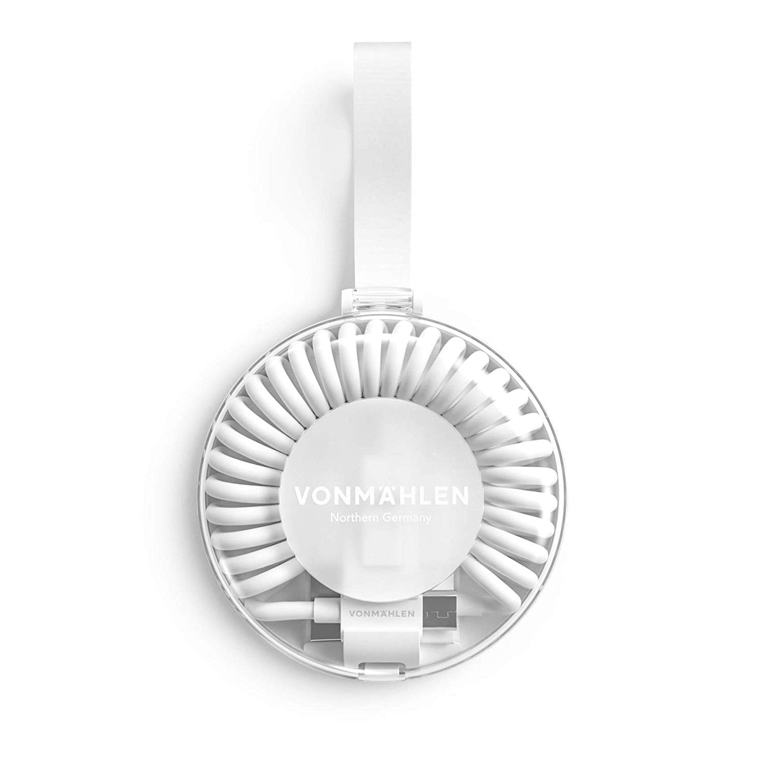 Cavo USB bianco arrotolato con custodia e cinturino bianchi, etichettato VONMAHLEN.