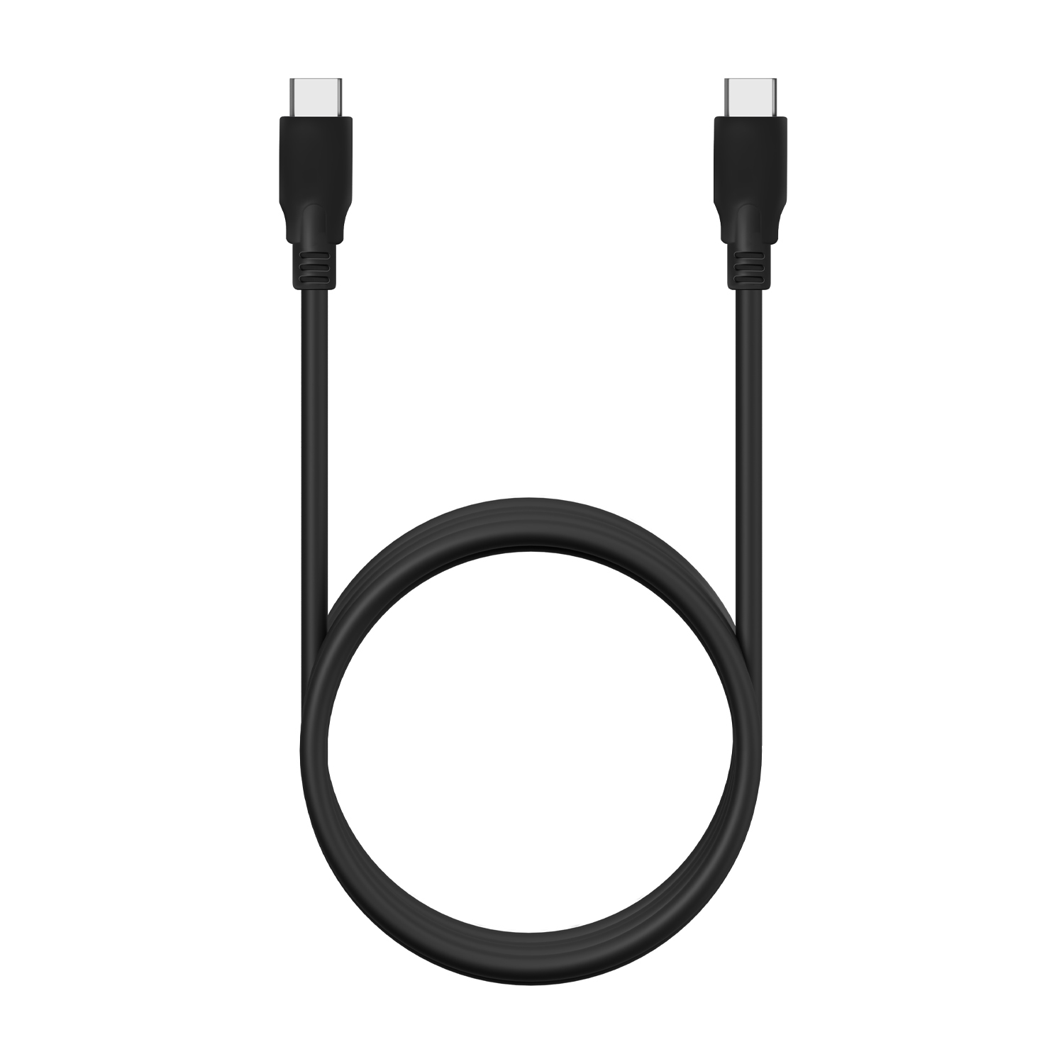 Zwarte USB-C kabel. Beide uiteinden hebben USB-C connectoren. Witte achtergrond.