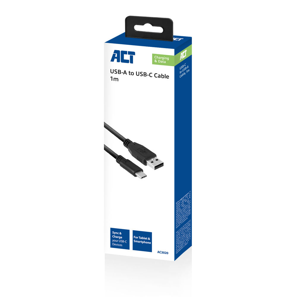 Een productverpakking met een USB-A naar USB-C kabel. De doos heeft tekst en een zwarte kabelafbeelding.