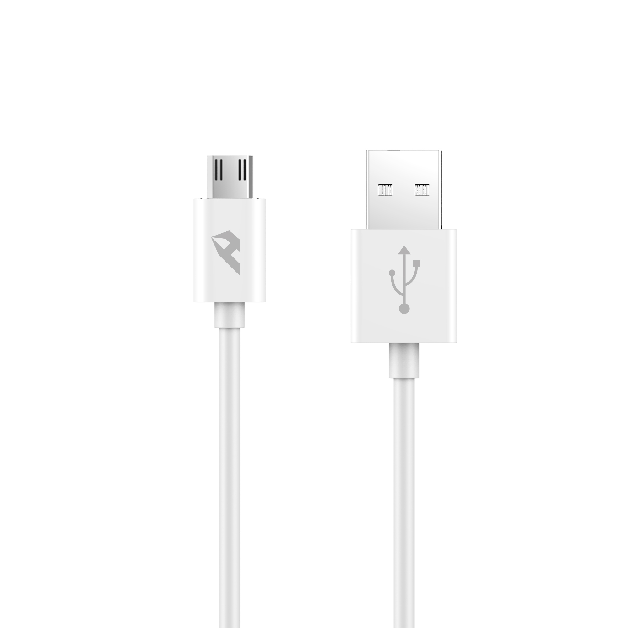 Cavo USB bianco con connettori bianchi. Sfondo bianco.
