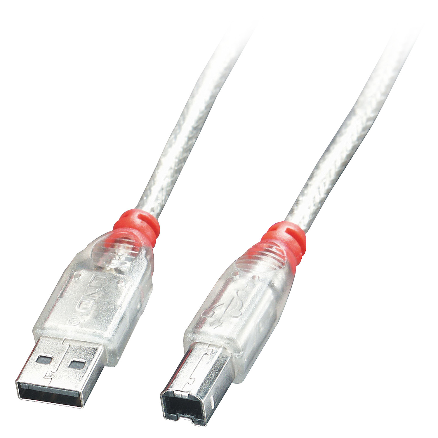 Deux câbles USB avec des connecteurs transparents avec des accents rouges. L'un a USB-A, l'autre USB-B.