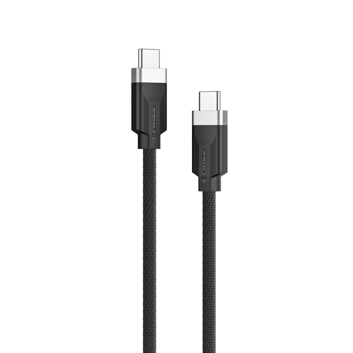 Due cavi USB-C neri con trama intrecciata, sfondo bianco.