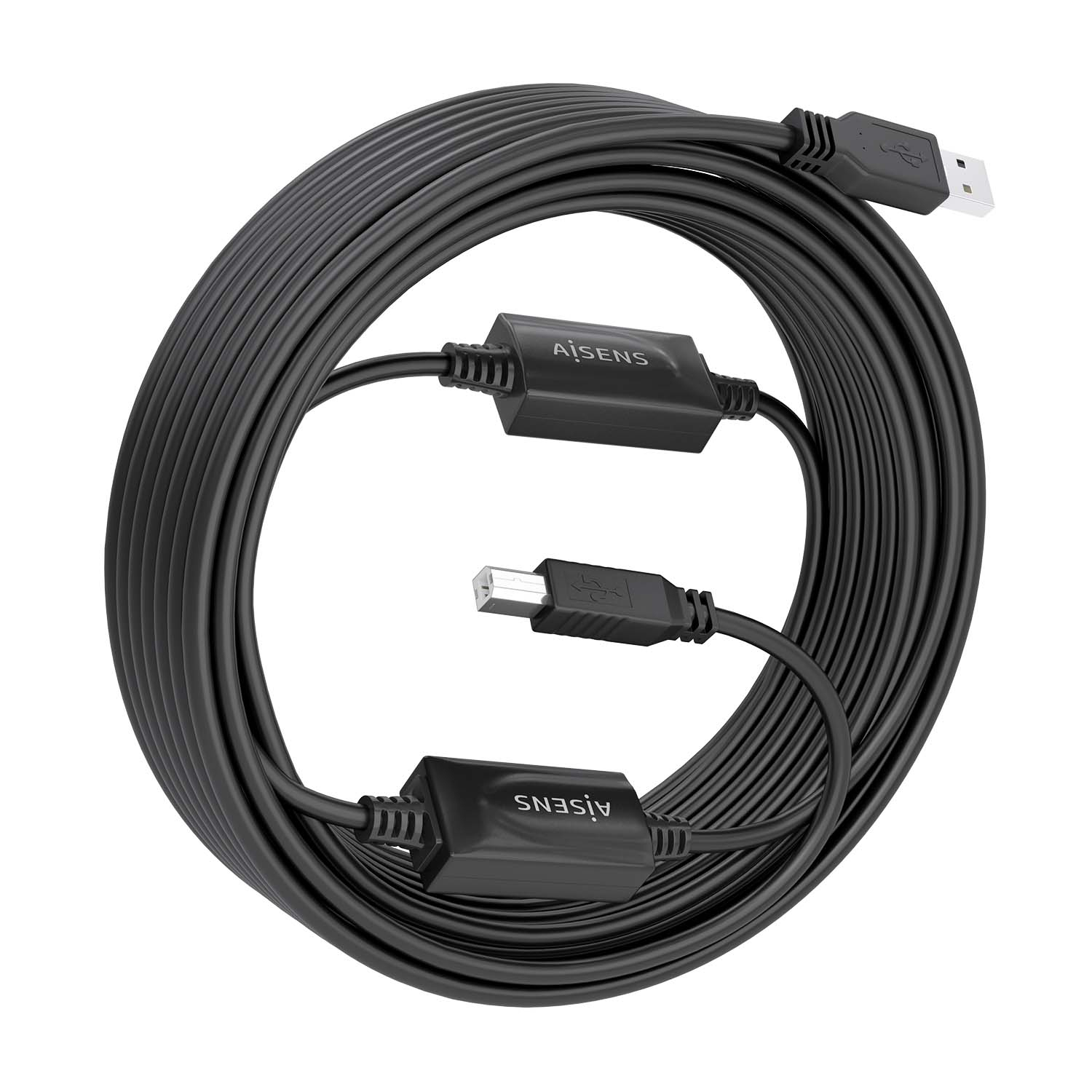 Zwarte opgerolde USB-kabel met twee connectoren. De kabel staat tegen een witte achtergrond.