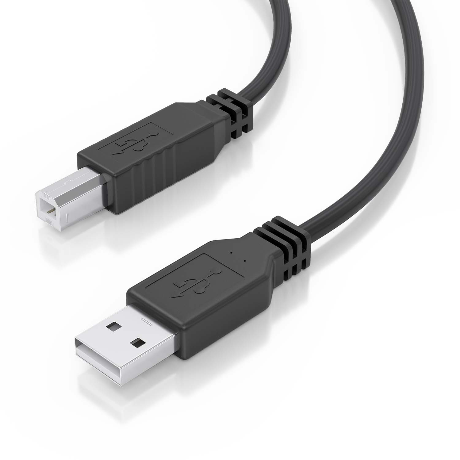 Twee zwarte USB-kabels, een met een USB-B-connector op een witte achtergrond.