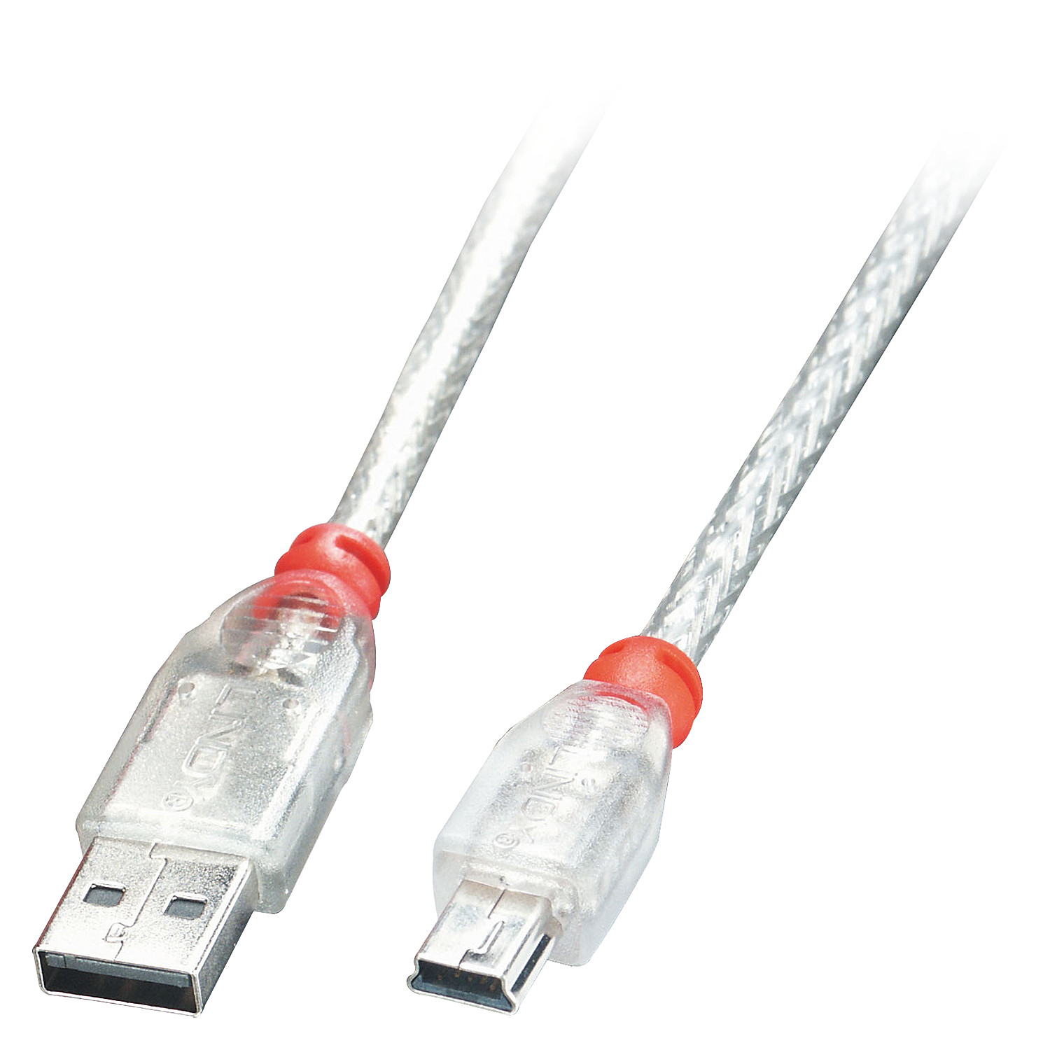Twee USB-kabels met transparante connectoren en rode accenten tegen een witte achtergrond.