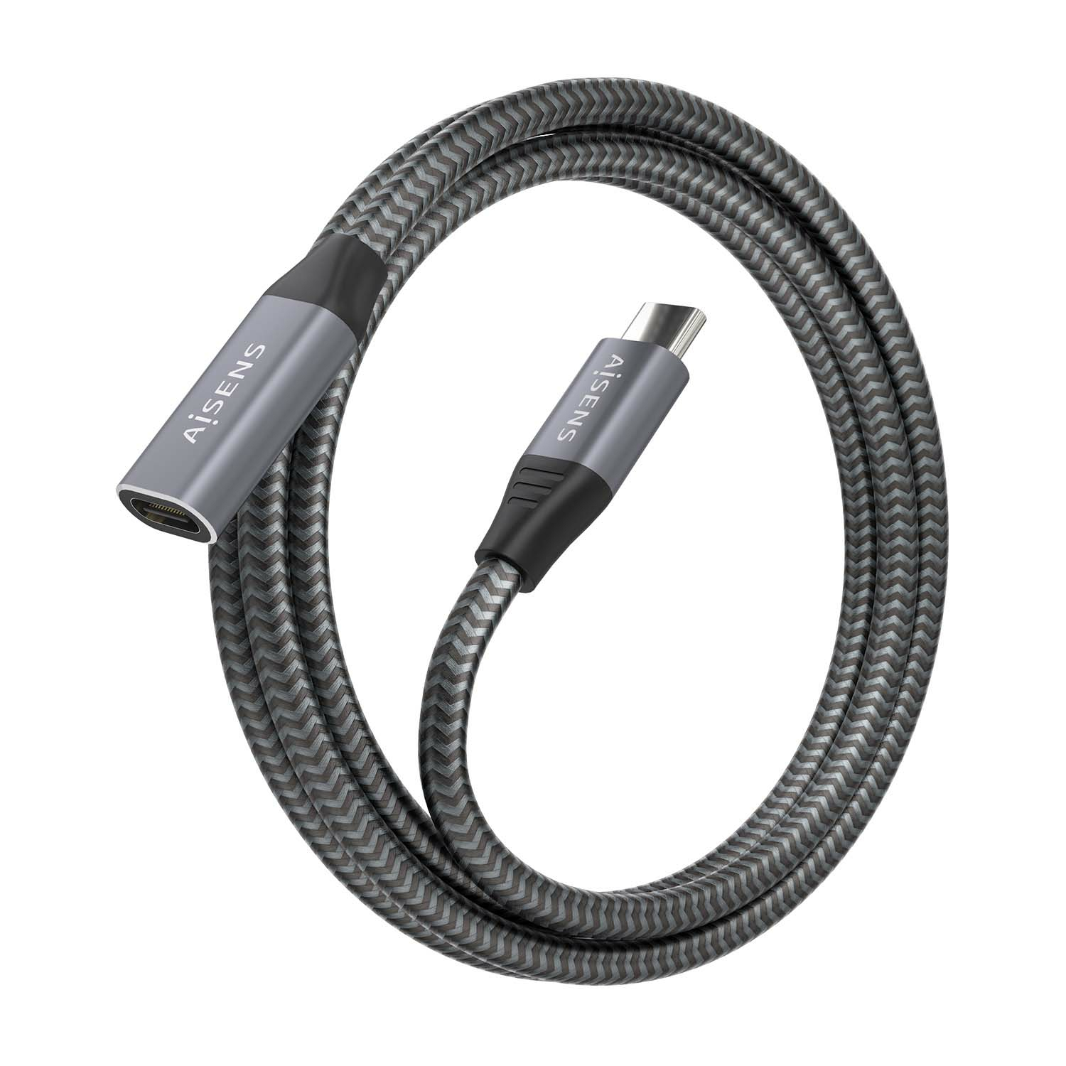 Cavo USB-C grigio scuro con design intrecciato grigio su sfondo bianco.