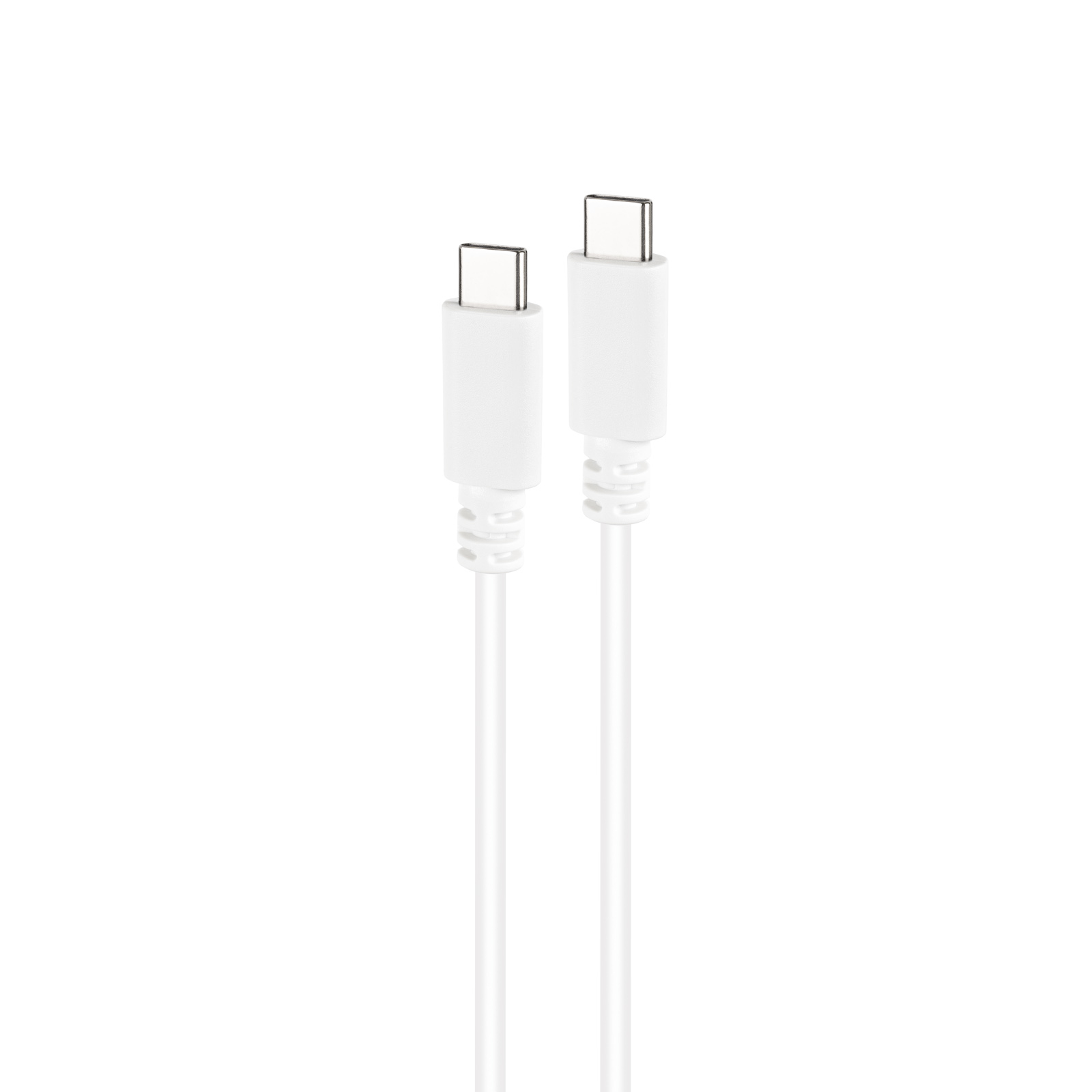 Twee witte USB-C-kabels. Beide uiteinden van de kabels hebben witte USB-C-connectoren.