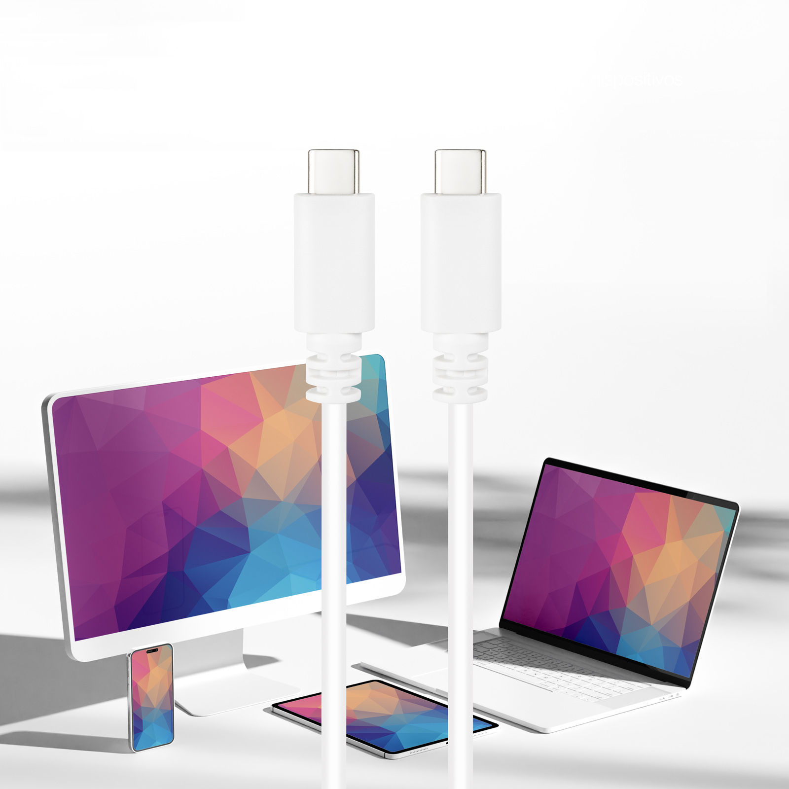 Twee witte USB-C-kabels voor een laptop, tablet en telefoon, allemaal met kleurrijke schermen.