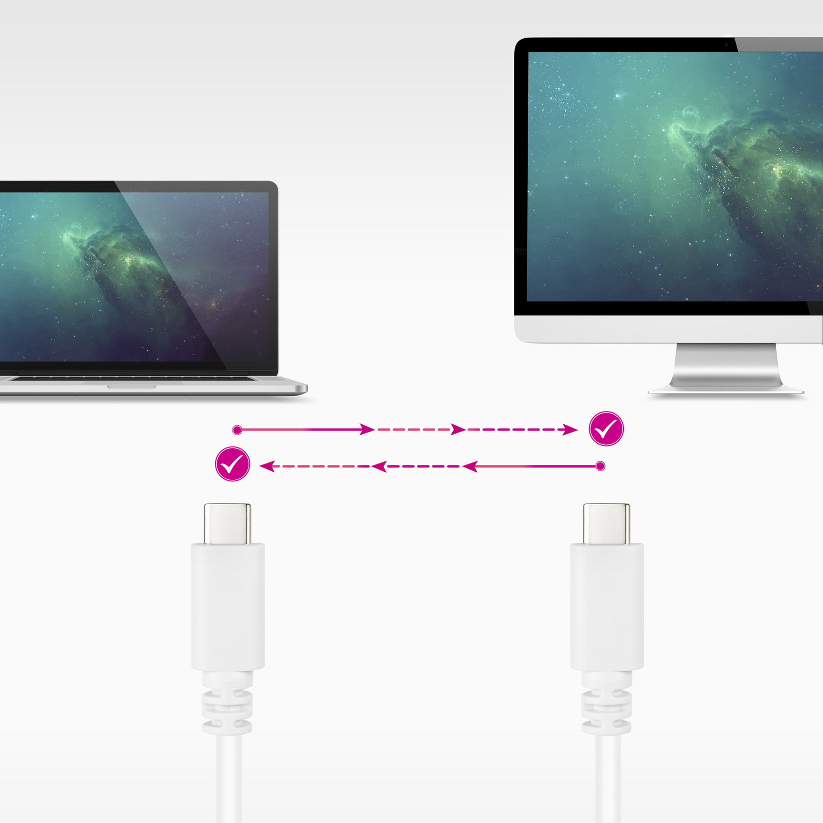Twee witte USB-C-kabels met pijlen die gegevensoverdracht tussen een laptop en een monitor tonen.