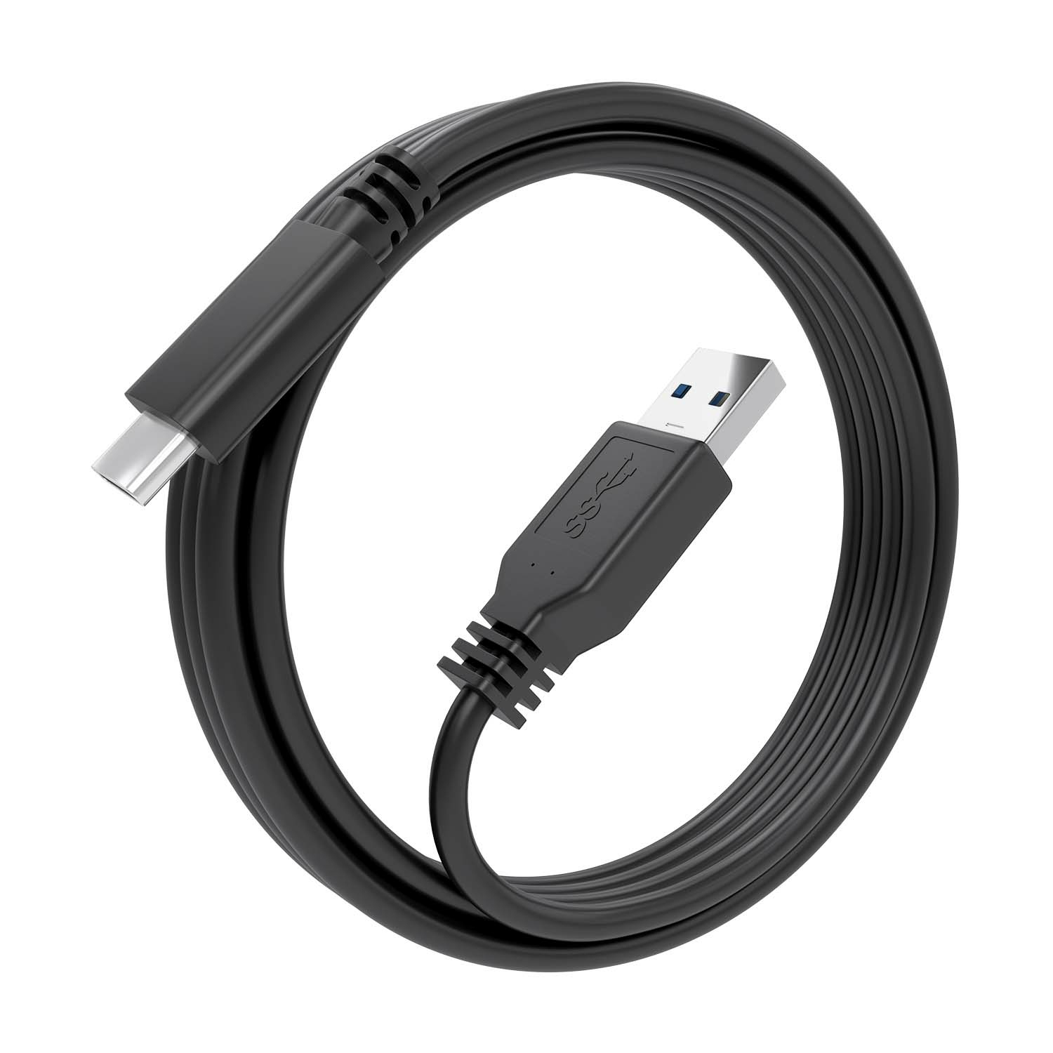 A black USB-C to USB cable is coiled against a white background.