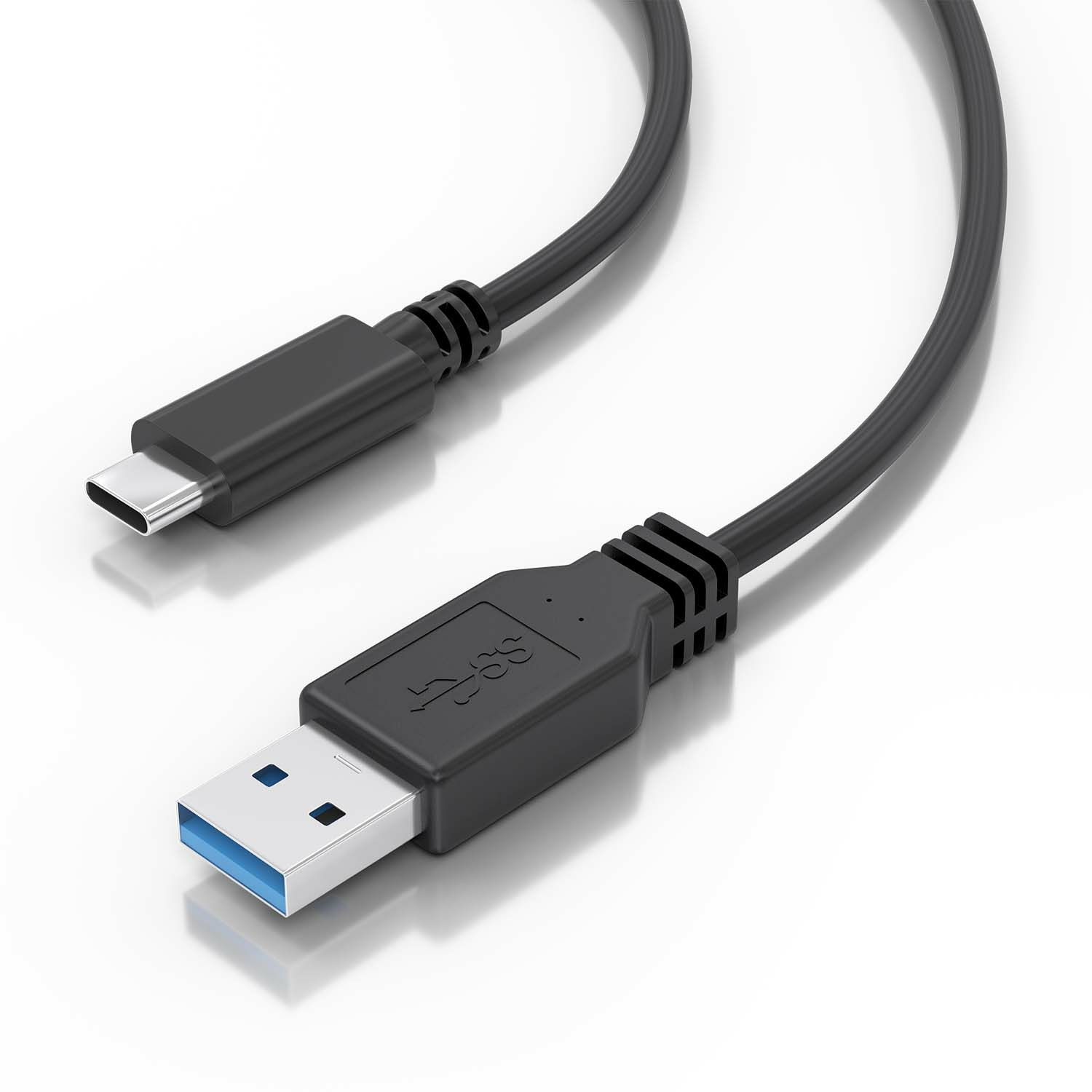 Close-up of a black USB-C to USB 3.0 cable. USB 3.0 end has a blue insert.