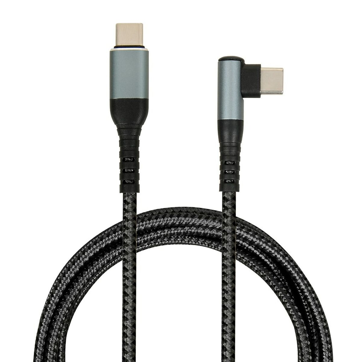 Kabel USB-C z kątowym złączem. Czarny kabel z czarnym i szarym złączem na białym tle.