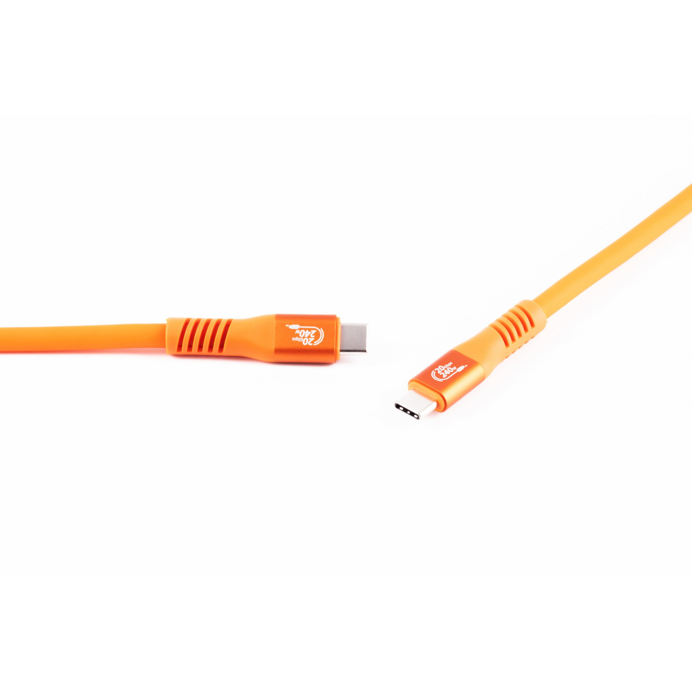 Cavo USB-C arancione su sfondo bianco, connettori visibili.