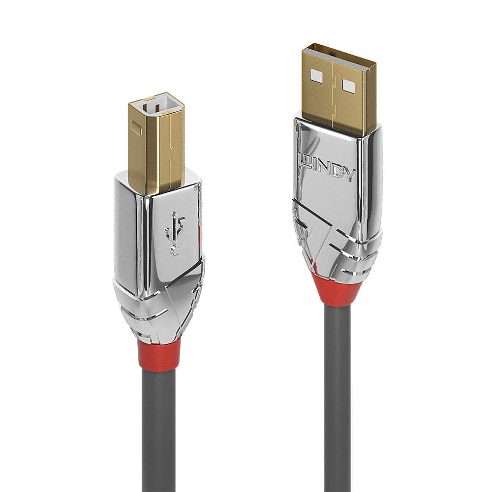 Câble USB avec connecteurs USB-B dorés et USB-A argentés et un câble gris.