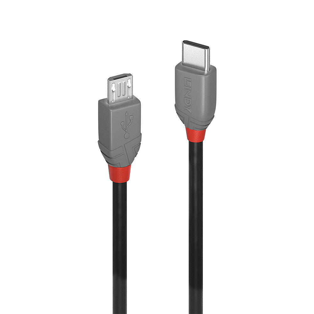 Cavo USB nero e grigio con dettagli rossi, connettori visibili.