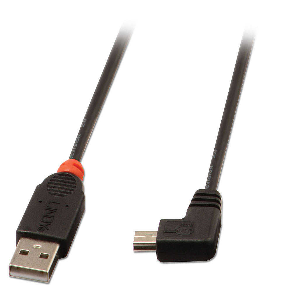Cavo USB nero con connettore USB e micro USB, sfondo bianco.