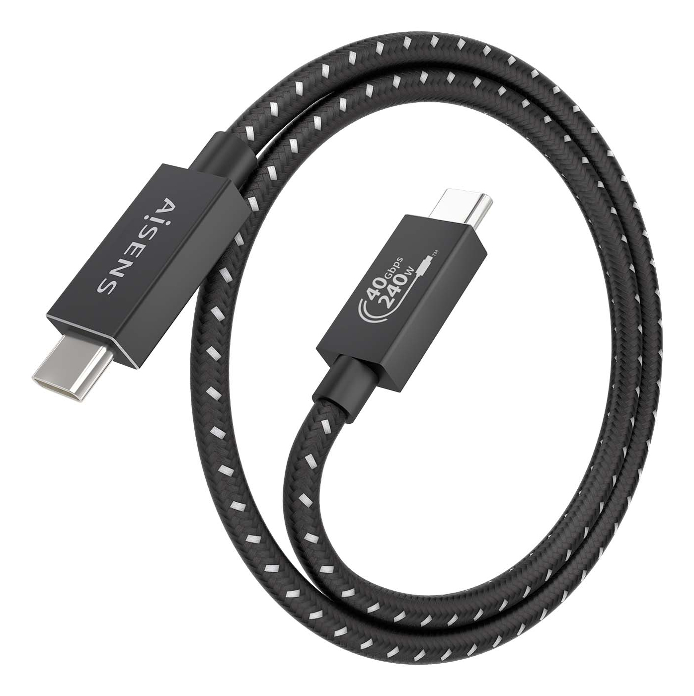 Un cavo USB-C nero con una trama intrecciata, sfondo bianco.