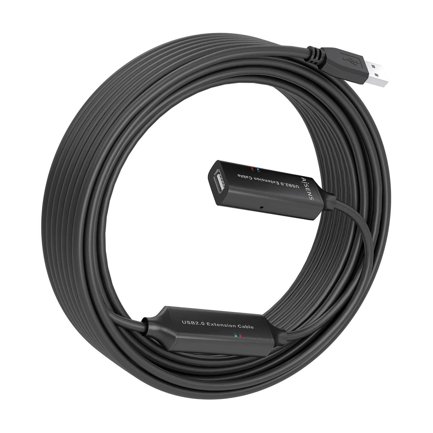 Cavo di prolunga USB nero, arrotolato. Ha un connettore USB su un'estremità. Sfondo nero.