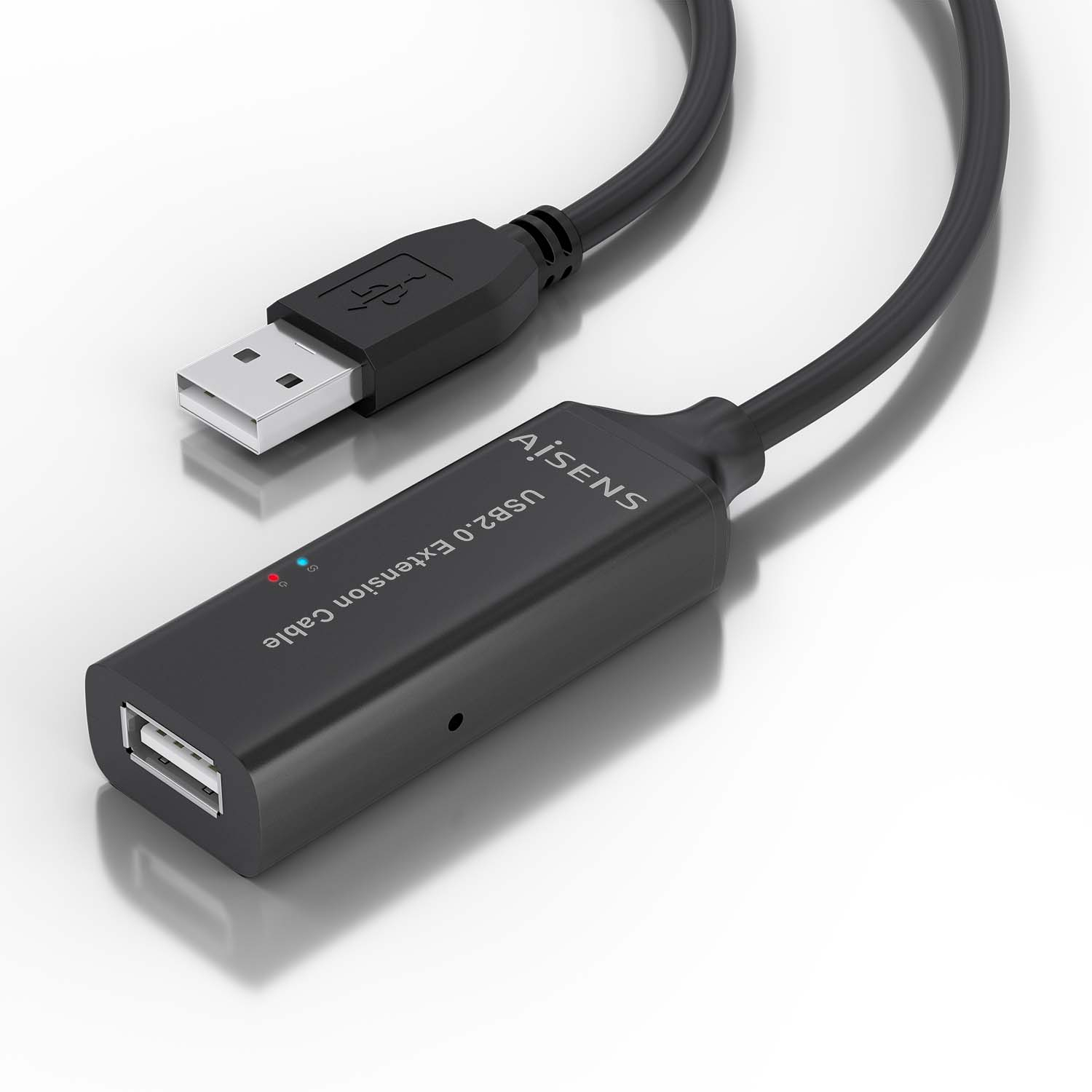 Cavo di prolunga USB nero con testo USB 2.0 Extension Cable. Sfondo bianco.