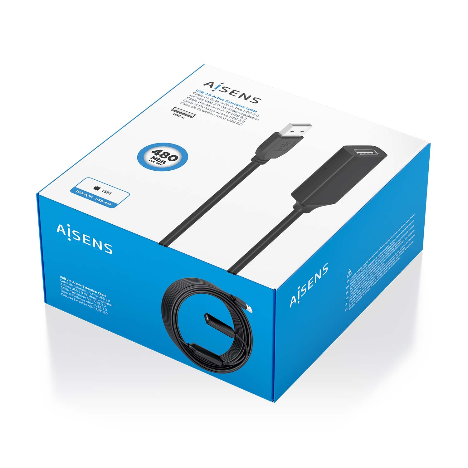 Scatola con cavo di prolunga USB nero. La scatola è bianca e blu con il marchio Aisens.