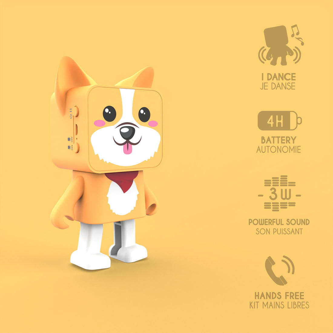 Głośnik w kształcie corgi z tekstem i ikonami na żółtym tle.