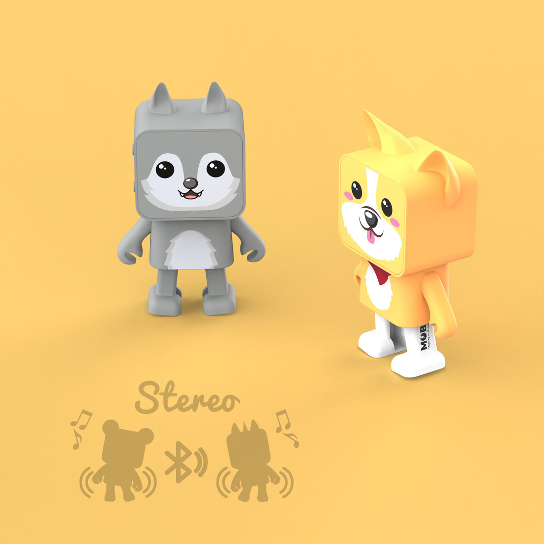 Dwa głośniki z kreskówek: szary wilk i żółty pies. Ikona stereo i nuty na żółtym tle.