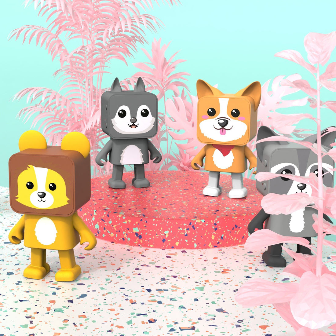 Cztery postacie zwierząt z kreskówek stoją na różowej platformie. Tło ma różowe i niebieskie elementy.