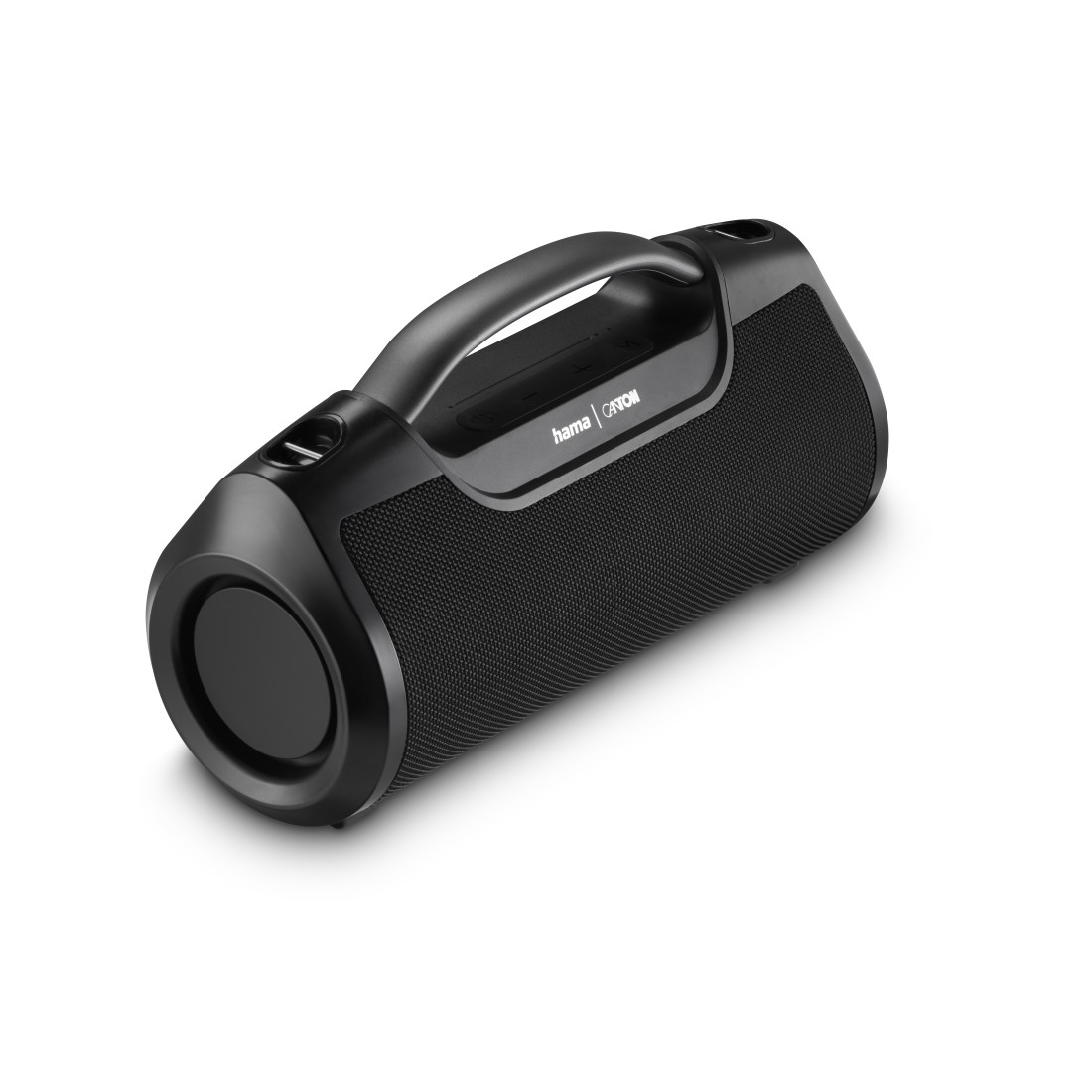 Enceinte portable noire avec poignée. Texte 'hama CANTON' en haut. Face avant en mesh noir. Fond blanc.