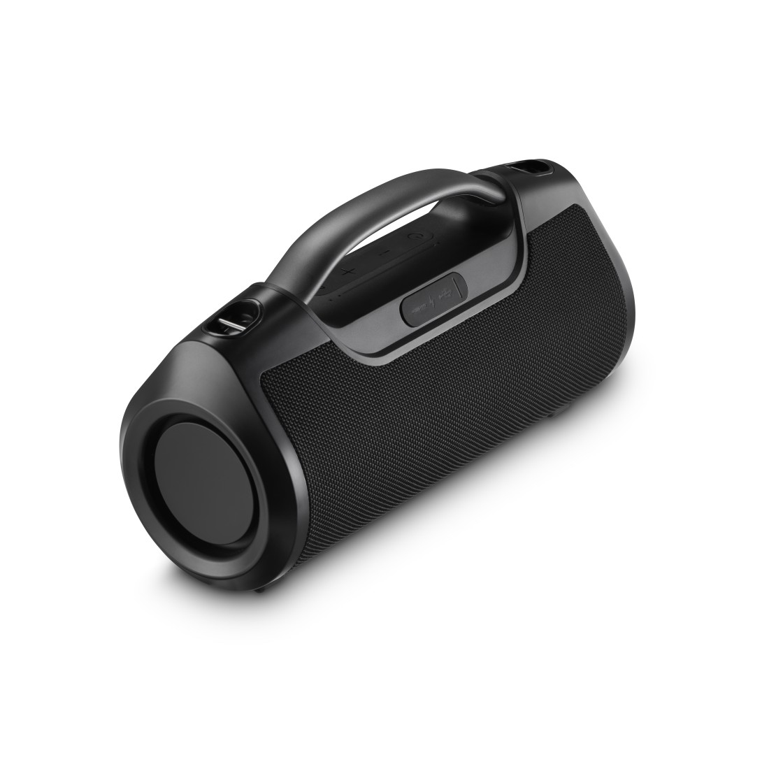 Haut-parleur cylindrique noir avec une poignée. Boutons sur le dessus. Maille noire recouvre le haut-parleur.