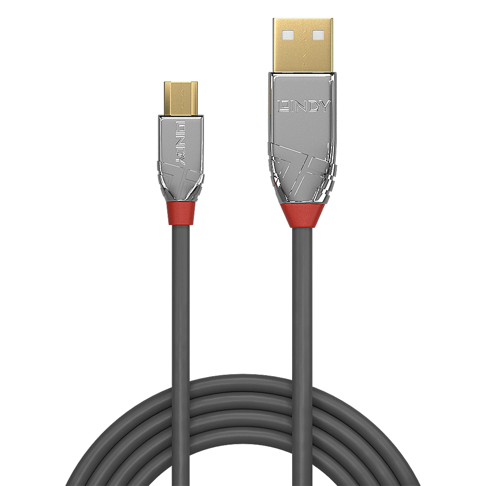 Due cavi USB, neri con connettori grigi e dettagli rossi. Uno USB-A e uno mini-USB.