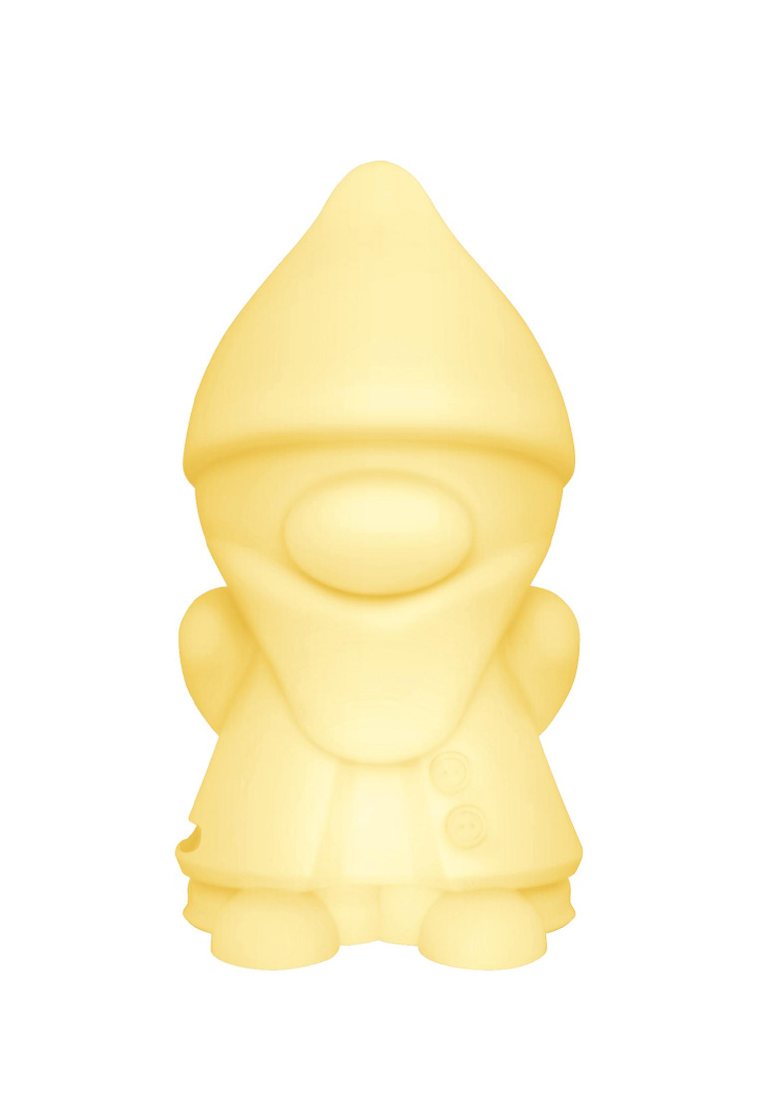 Gelbe zwergförmige Lampe mit bauchigem Körper, Armen an den Seiten und spitzem Hut.