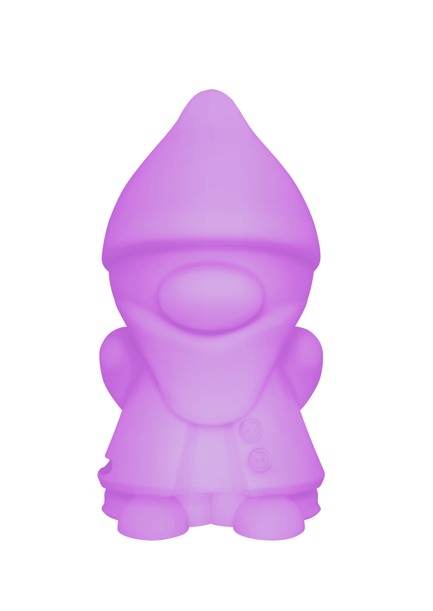 Lila Zwergfigur mit Hut und Mantel. Es ist vor einem weißen Hintergrund.