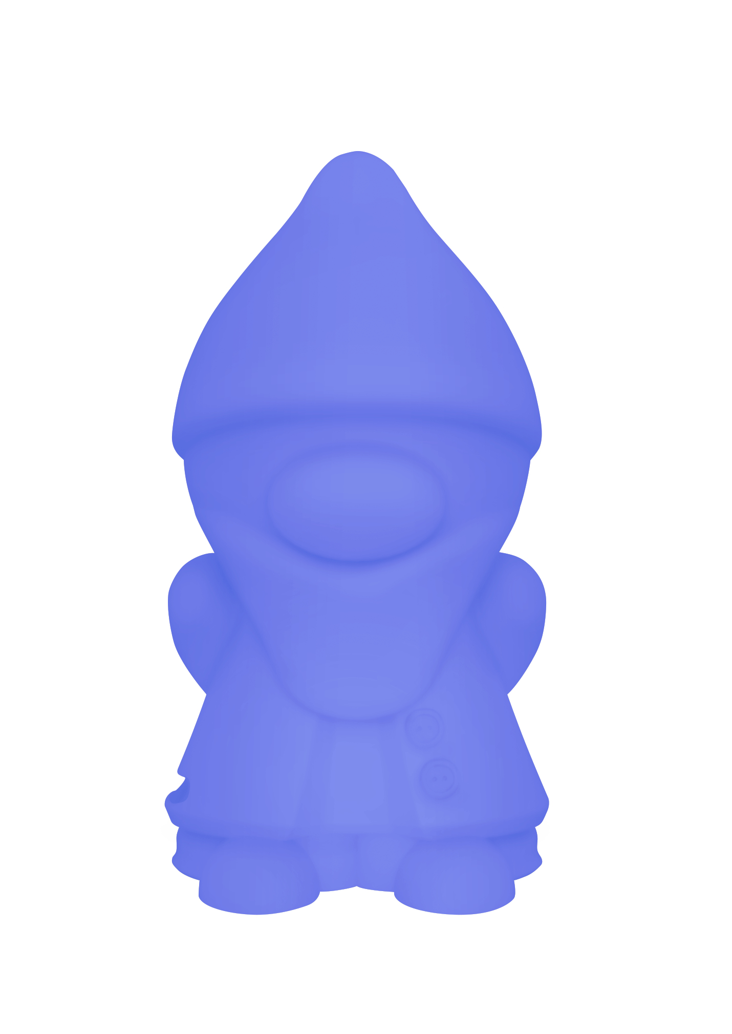 Eine blaue Zwergstatue. Der Zwerg hat einen Hut, einen Mantel und steht. Weißer Hintergrund.