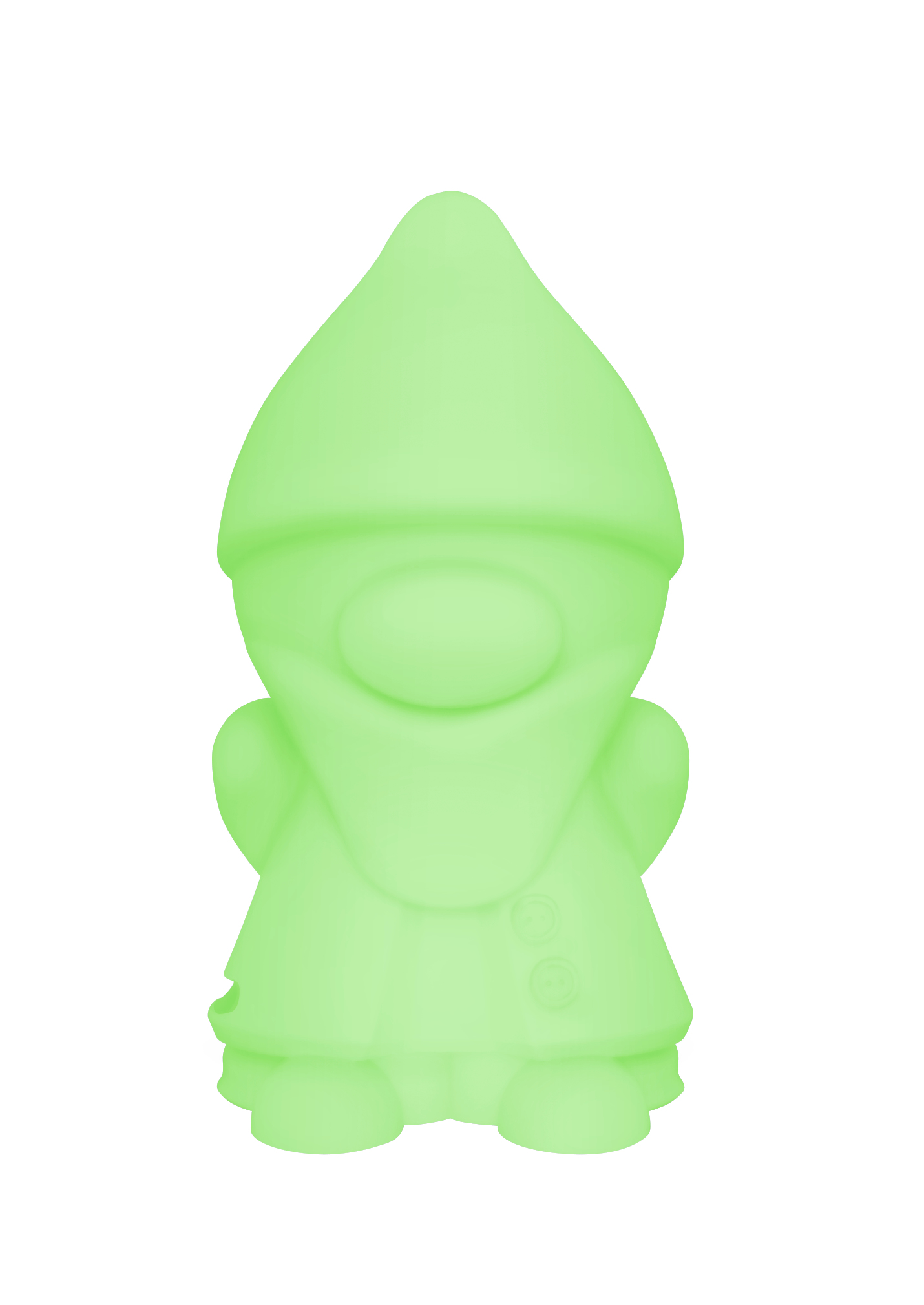 Grüne Zwergfigur. Trägt einen grünen Hut und Mantel. Die Figur leuchtet und hat einen weißen Hintergrund.