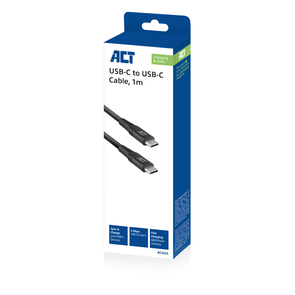 Witte en blauwe doos met een USB-C naar USB-C kabel, die de uiteinden toont.