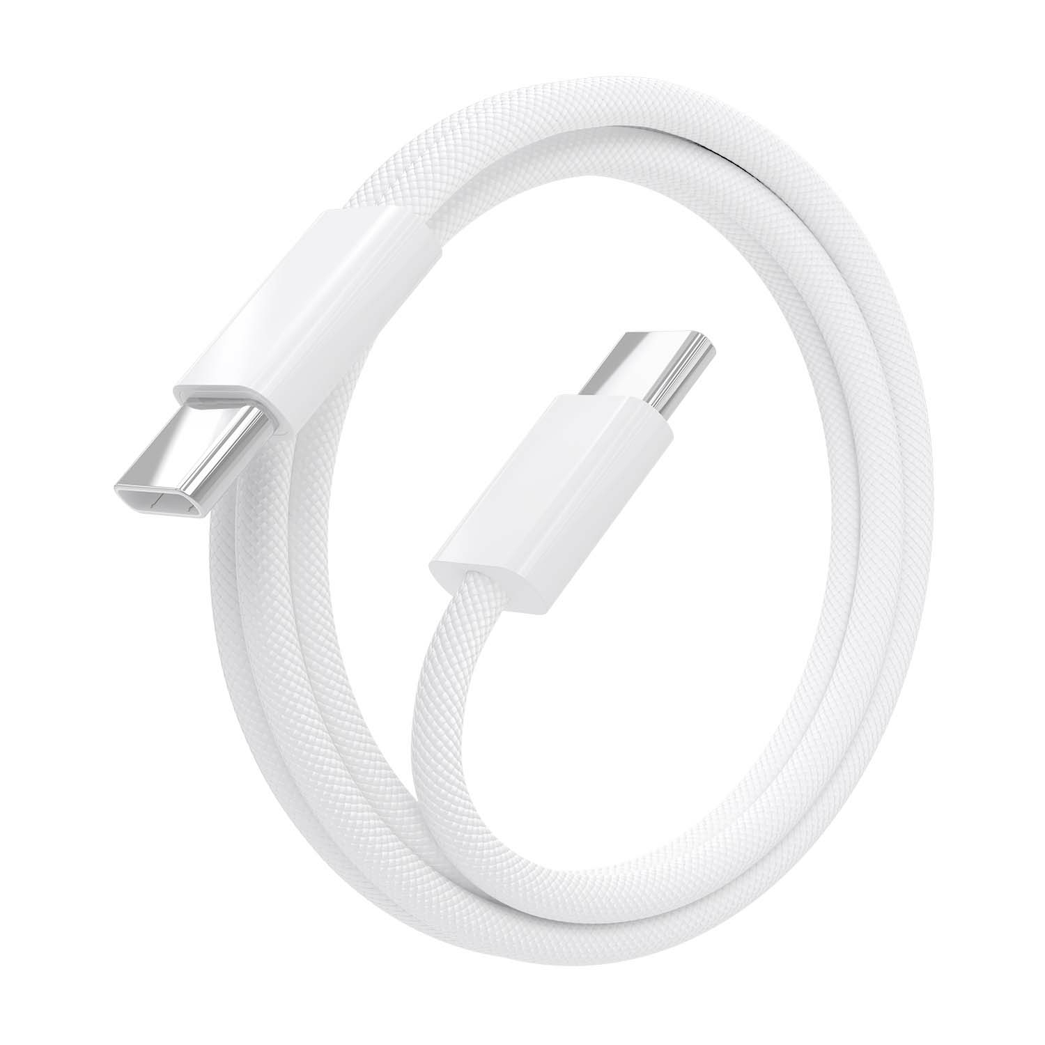 Witte USB-C kabel. Connectoren zijn wit. De kabel is wit en een beetje dik. De achtergrond is wit.