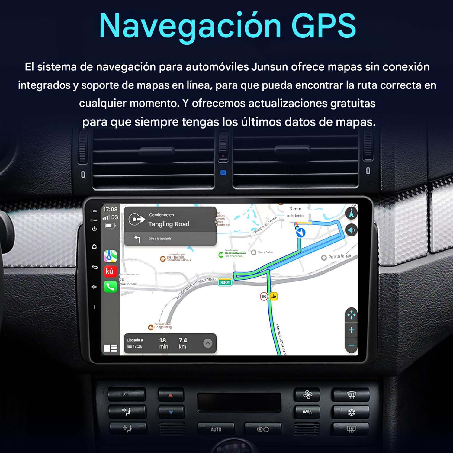 Pantalla del sistema de navegación del coche que muestra un mapa e interfaz. Texto incluye navegación GPS y detalles.
