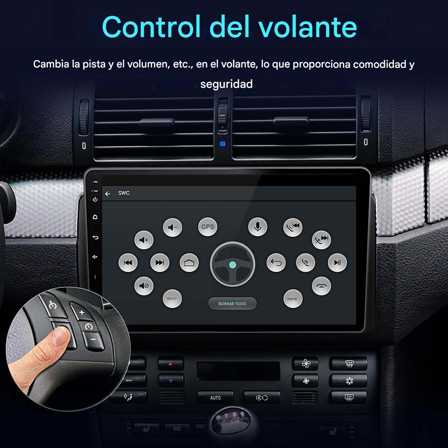 Panel de control de coche con pantalla que muestra GPS y controles multimedia, y botones.