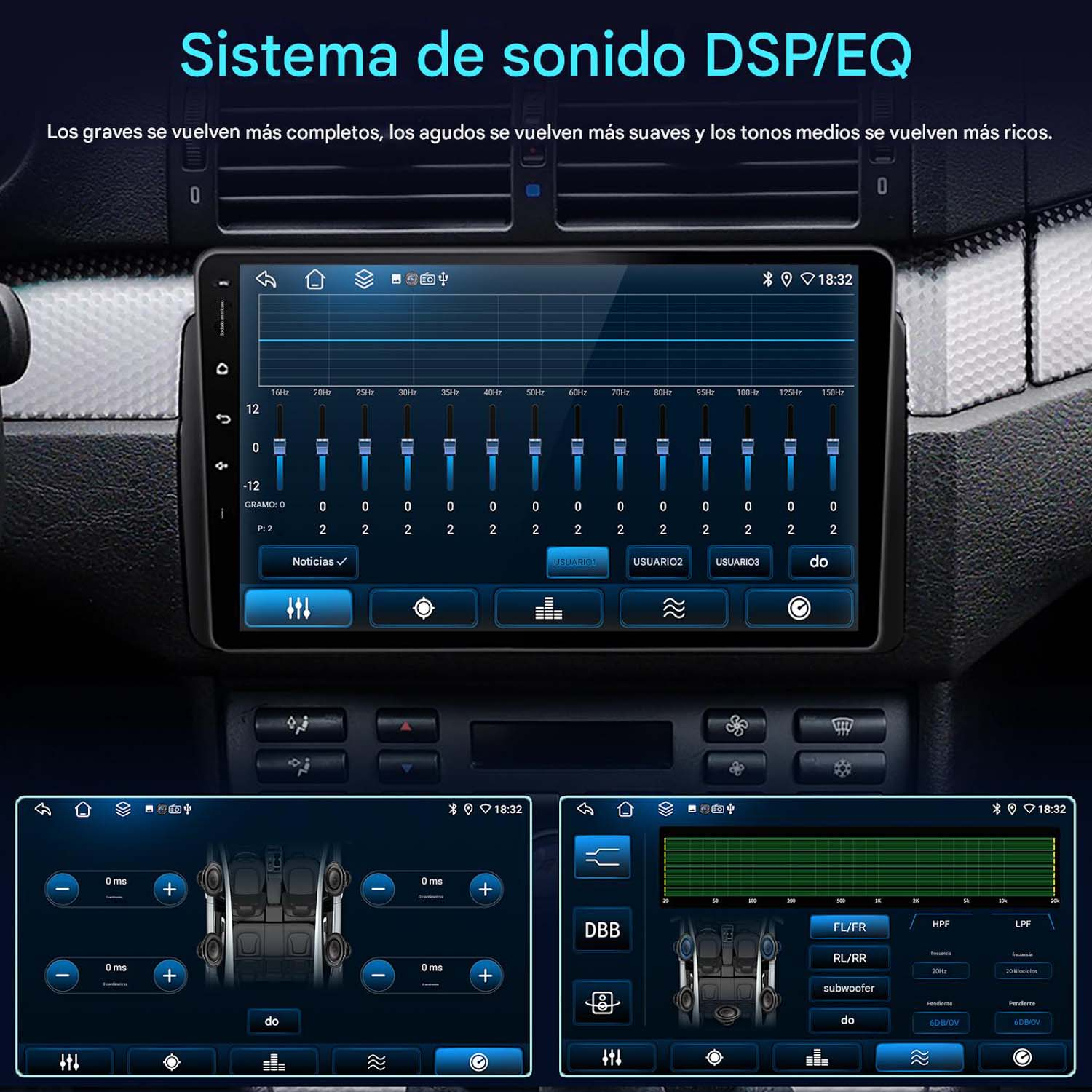 Una pantalla de estéreo de coche con una interfaz de ecualizador gráfico y otros ajustes de audio.