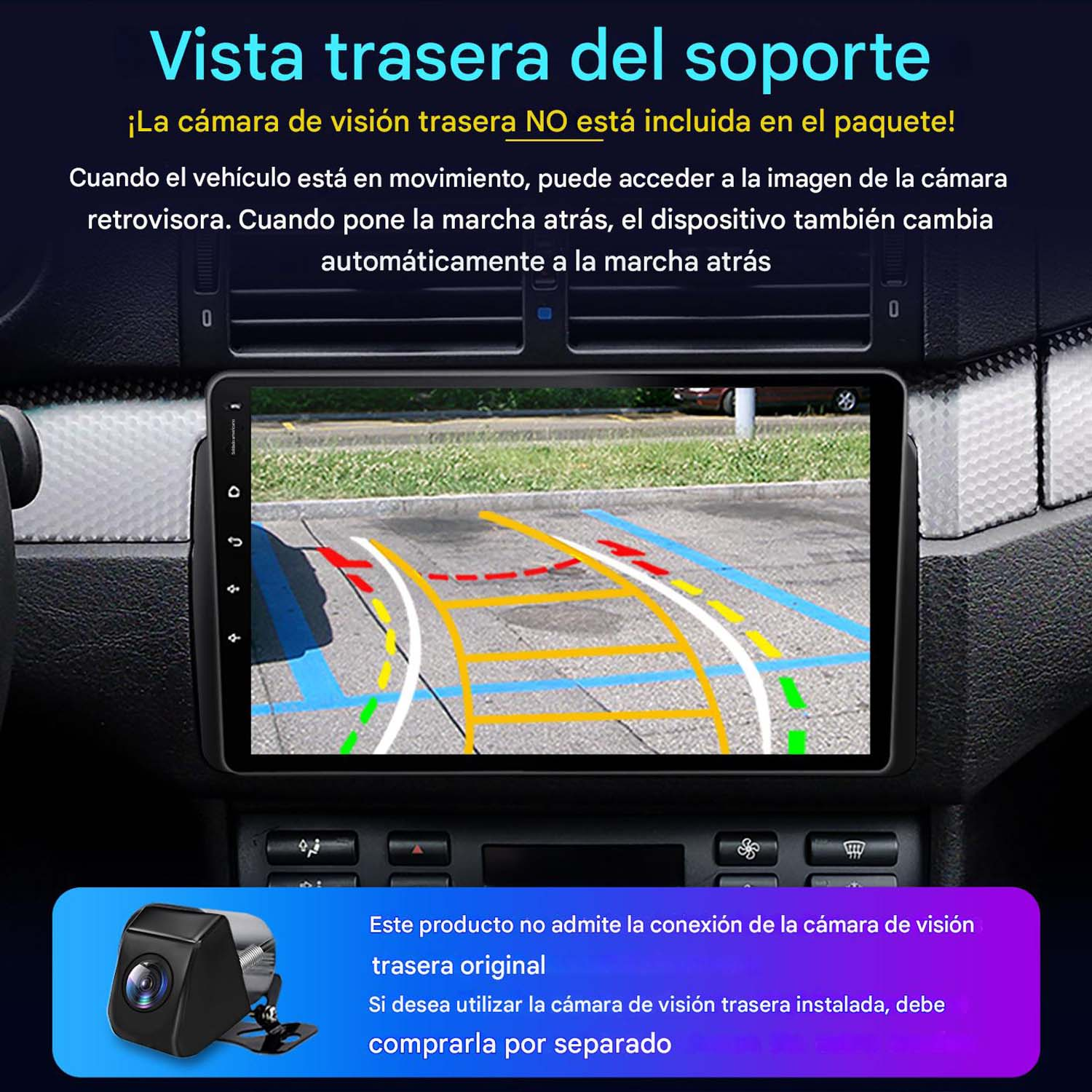 Pantalla de estéreo de coche mostrando vista trasera. Muestra líneas de asistencia de estacionamiento. Texto adicional.