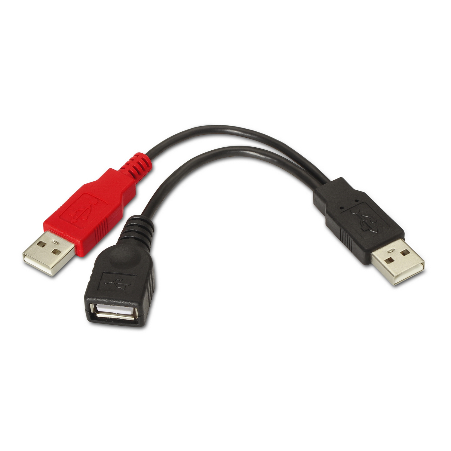 Adattatore USB con connettori rosso e nero. Un'estremità è femmina, le altre due maschio.