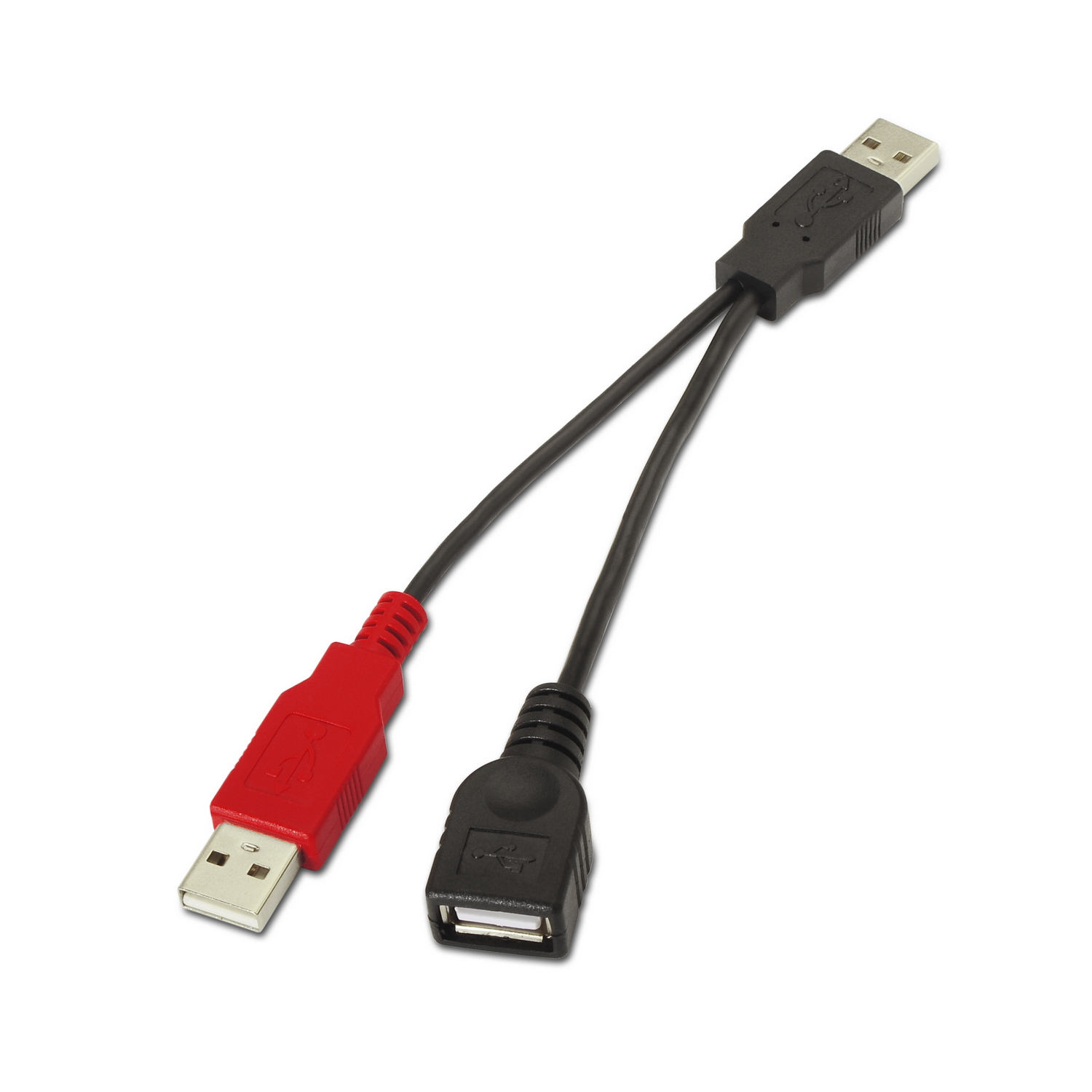 Cavo USB con un connettore rosso e uno nero. Sfondo bianco.